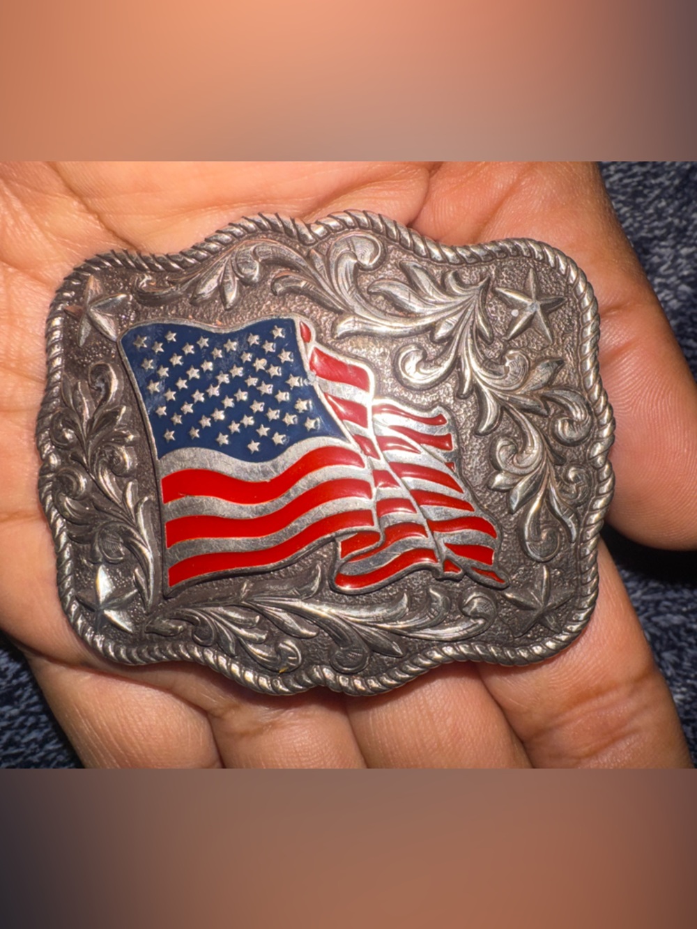 Patriotic American Flag Silver Tone Belt Buckle - Red & Blue